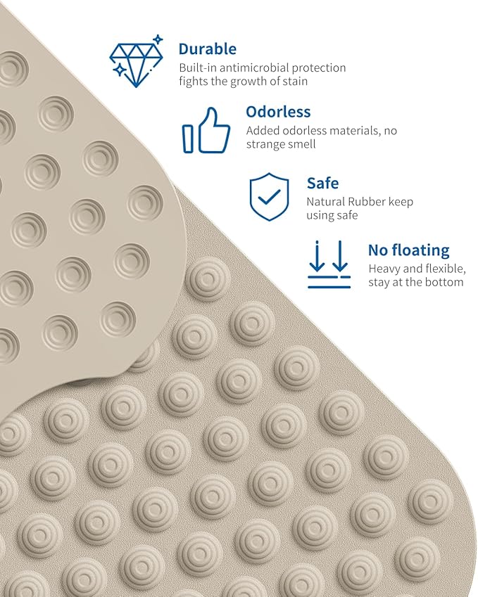 Bathtub Mat Non-Slip Without Suction Cups, 39x16inch Extra Long Bath Mats for Shower Bathroom, Machine Washable Natural Rubber Shower Tub Mat (39x16inch, Brown)