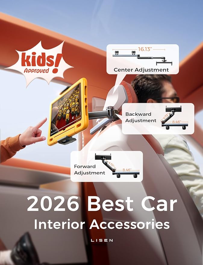 LISEN for iPad Holder Car Mount Road Trip Essentials Activities for Kids Gifts, Car Accessories for Women Interior, 3 in 1 Tablet Holder Backseat Camping Car Organizer Back Seat Headrest iPad Mount