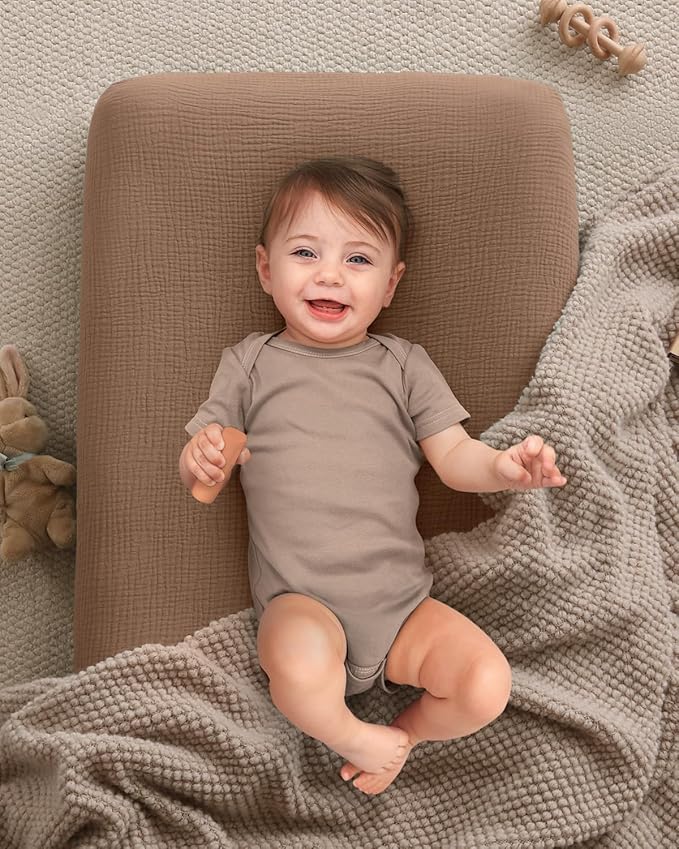 Blissful Diary Muslin Changing Pad Cover for Baby Girls Boys, Ultra Soft Breathable Cotton, Baby Diaper Change Table Pad Covers, 2Pack (Checkered Brown & Brown)