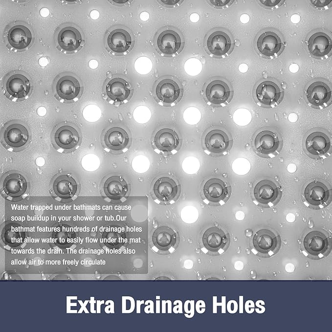 Extra Long Bathtub Mat Non Slip, Clear Gray Soft Bath Mat for Tub 40 x 16 Inch Full Size, Bath Tub Shower Mats for Bathroom Floor, Big Suction Cups and Drain Holes, Easy Washable, BPA Free