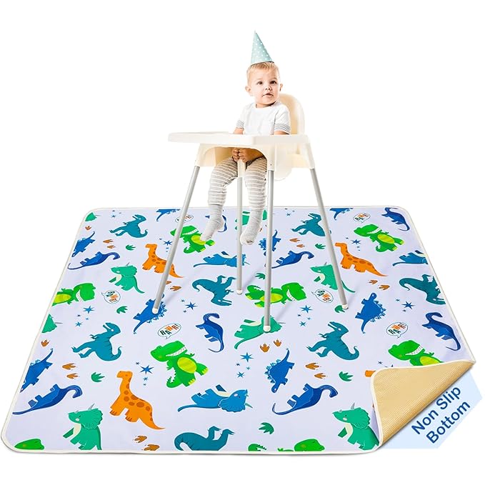 Basumee Splat Mat High Chair Mat Waterproof Baby Play Splat Mat for Under High Chair Food Catcher Highchair Mat for Floor Non Slip Bottom, Green Dinosaur, 46x42 Inches