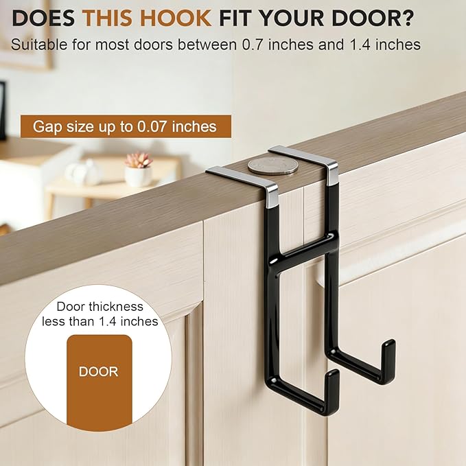 Over Door Hook, 2 Pack Over Door Hanger with Dual Hook Heavy Duty Metal Hanger with Non Slip Rubber Over The Door Organizer Hanger for Hanging Clothes Towels Hats Bags（Black ）
