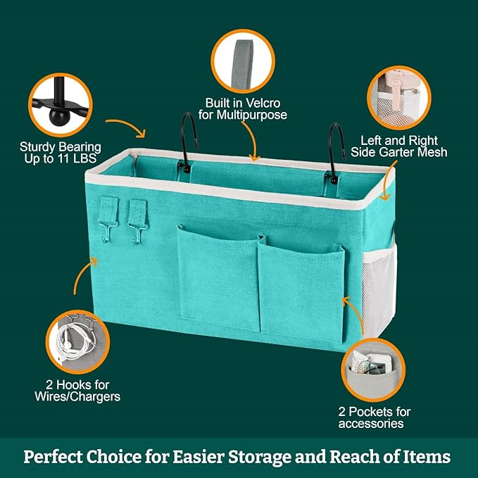 Bedside Caddy Organizer Hanging Storage Bag with Pockets for Books, Magazines, Phone, Tablet & Water Bottle – Bedside Storage for Dorm, Bunk Beds, Hospital Beds & Cribs, Green