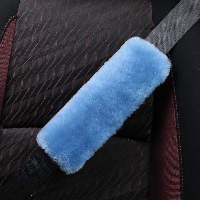 Fluffy Fuzzy Genuine Sheepskin Car Seat Belt Covers for Soft Auto Lambswool Seatbelt Pads, Shoulder Strap Cushion Adults Kids (2, Blue)