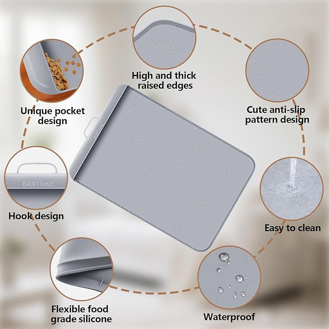 Bartuke Dog Food Mat with Collection Pocket, 42''x28'' Extra Large Silicone Pet Feeding Mat for Food and Water, Waterproof Anti-Slip Dog Mat with Edge and Handle, Pet Placement for Floor(Light Grey)