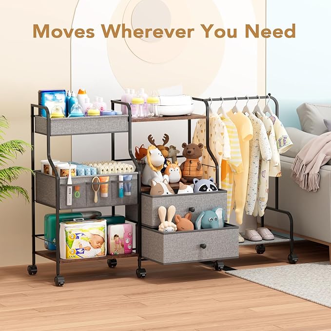 BBLIKE Diaper Caddy Organizer with Hanging Rack - 3 Tier Rolling Utility Cart with Drawers and Dividers for Baby Bottle Storage - Bedside Cart for Changing Station, Crib, Nursery, Bedroom, Gray