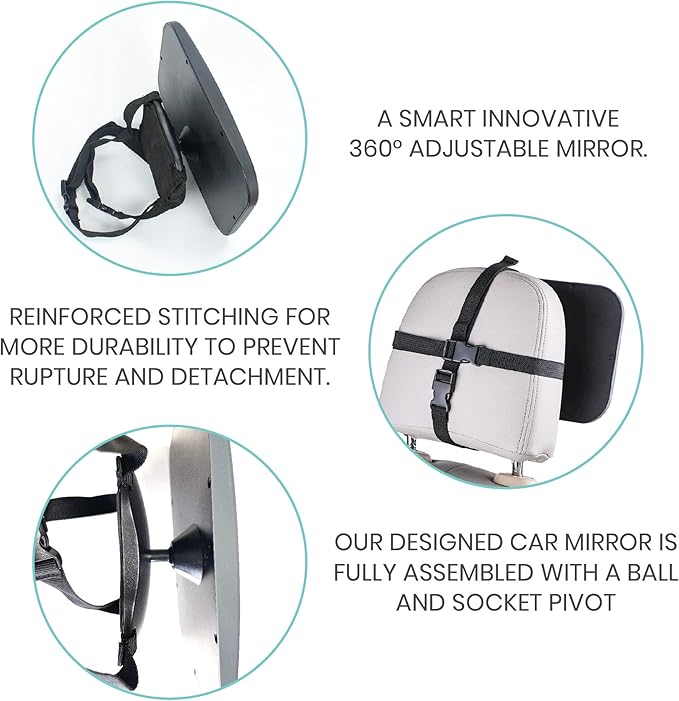 Lulyboo Large Baby Car Mirror with 360 Rotation & Adjustable Straps, Extra Wide Rear Facing Mirror for Safe Driving, Fits All Headrests, Black