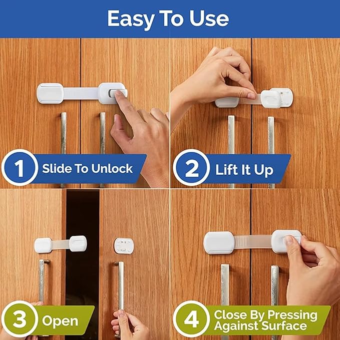 10 Pack Multi-Use Baby Locks, Safety Cabinet Child Proofing, Quick and Easy 3M Adhesive for Cabinets, Drawers, Fridges Toilet Seats and More (White)