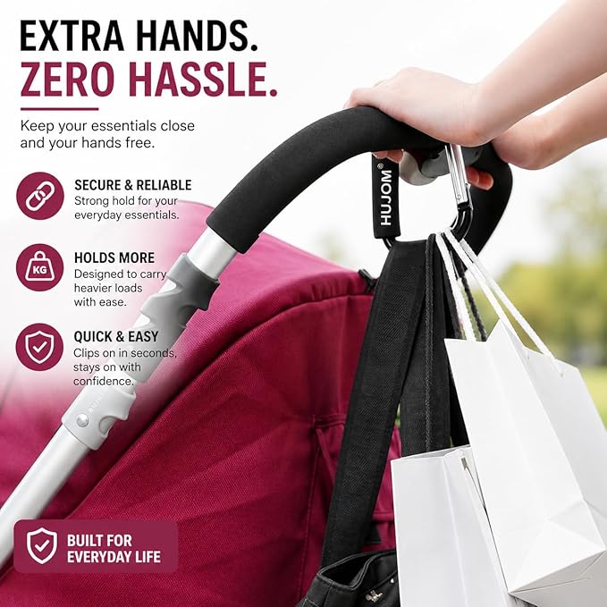 Stroller Hooks 2 Pcs Large Carabiner Clips for Hanging Diaper Bags, Purse Grocery, and Shopping Bags. Heavy Duty Universal Climbing Clips Best Mommy Accessories for Outdoor, Camping and Hiking.