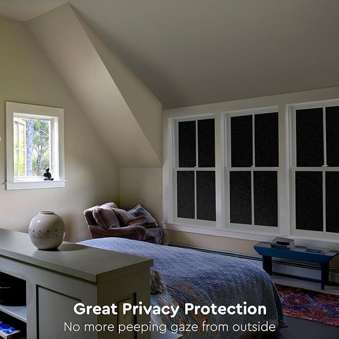 Kromapolis Blackout Window Privacy Film Total Light Blocking Room Darkening Window Covering, Removable Static Cling Frosted Glass Tint, Non-Adhesive, Black 35.4'' x 78.7''