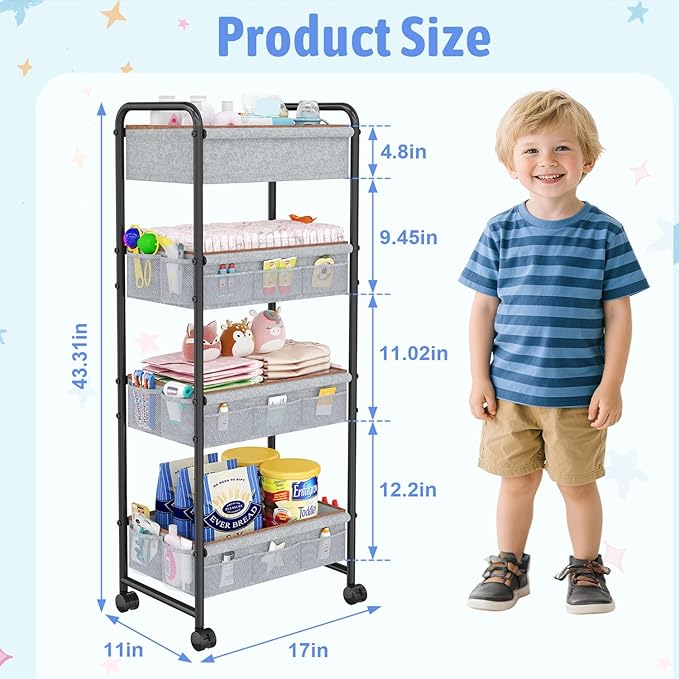 4-Tier Rolling Sorage Cart,Baby Diaper Caddy Organizer, Nursery Baby Storage with Wheels, 2 Dividers & 21 Pockets，Metal Utility Cart for Nursery, Crib, Bedroom, Art & Craft Organizers