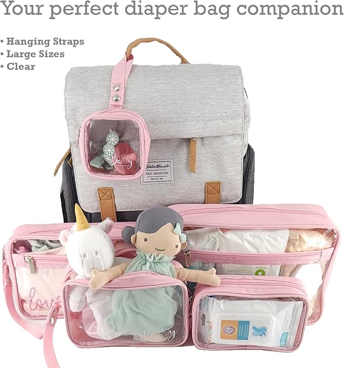 Llama Bella 5 Piece Diaper Bag Organizer Pouch Set, Clear with Straps and Pacifier Case - Pink