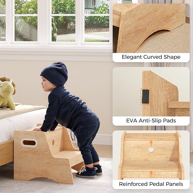 HOOBRO Wooden Step Stool, Two Step Stools Toddler for Potty Training, Natural Two Step Stool for Bedroom, Kitchen, Bathroom, Children's Stool with Handles and Safety Non-Slip Pads, Natural NL05JD01