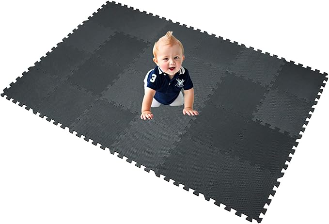 XMTMMD Soft Non-Toxic Foam Baby Play Mat | Toddler Playmat | EVA Foam Interlocking Tiles for Gym, Nursery, Playroom | 18 Squares Foam Floor Mats for Kids & Babies | Black Jigsaw Puzzle Play Mat
