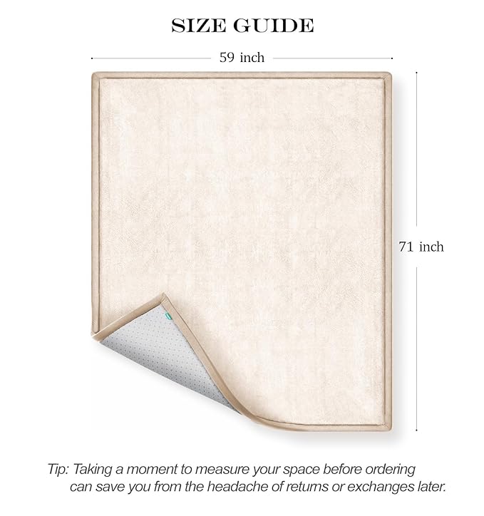 AEOCOO Baby Play Mat for Floor Cushion, 59x71x1.3" Thick Memory Foam Tummy Time Mat, CloudSoft Velvet Non slip, Toddlers Baby Kids Extra Large Nursery Rug for Crawling, Living Room, Beige