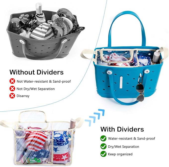 AMOIGEE Clear Beach Bag Organizer Insert with Zipper Closure Lid and 3pcs Accessories Compatible with Bogg Bag Medium- Tote Insert Bag Divider with Sunglasses Holder, Clips Hooks