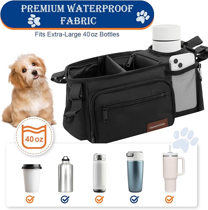 Dog Stroller Organizer Bag, Dog Mom Gifts for Women Pet Stroller Caddy, Stroller Accessories with Cup Holder, Poop Bag Dispenser, Pockets for Dog Essentials, Fits 14–19" Handles, Christmas Gift Ideas