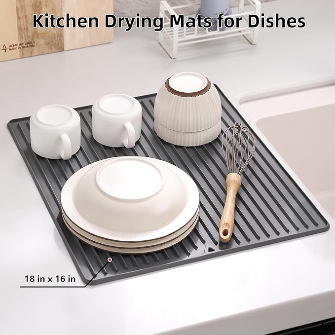 Dish Drying Mat, 16" x 18" Silicone Drying Mat for Kitchen Counter, Large & Thicker Silicone Dish Drying Pad with Raised Edges for Countertop, Multi-Purpose & Heat Resistant