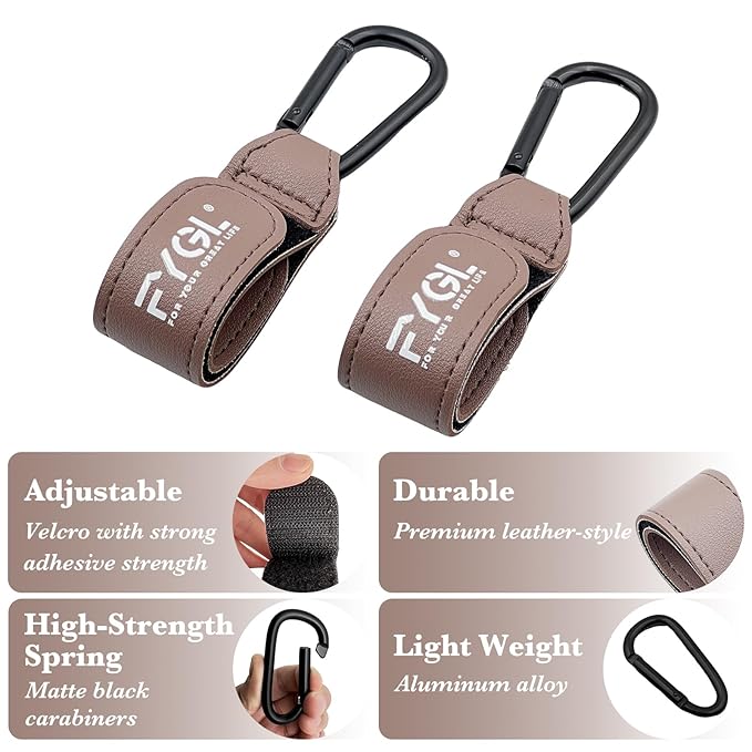 Stroller Hooks - Leather Buggy Clips, Pushchair Carabiner Clip for Bags, Easy Attachment for Pram, Universal Stroller Clips and Hooks, Stroller Accessories - Oak Red (2 Pack)