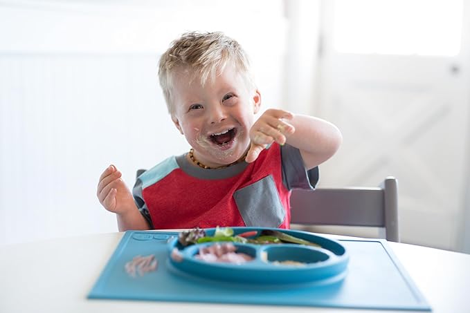 ezpz Happy Mat (Blue) - 24 Months+ - 100% Silicone Suction Placemat + Divided Plate with Three Compartments - Toddler + Preschool Essentials