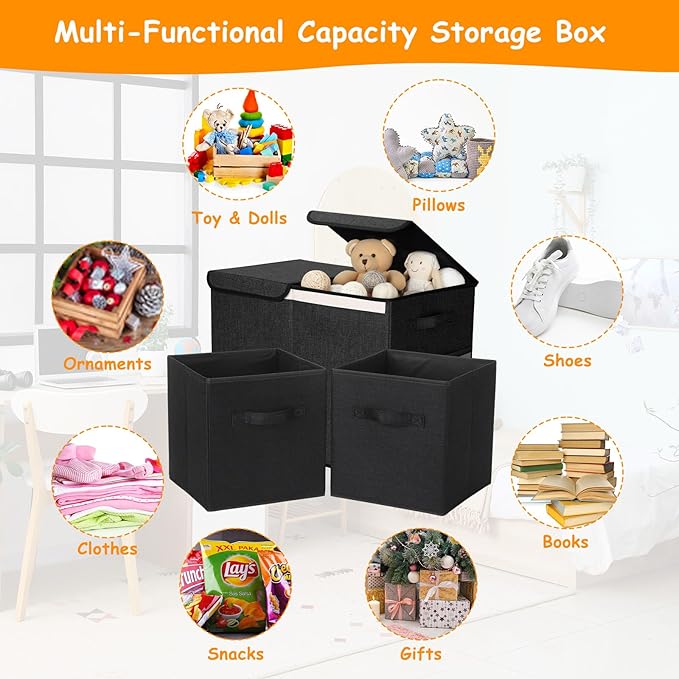 Fiwochic 3 Pack 23" Large Toy Storage Box with 11" Cubes Bins, Collapsible Toy Organizer Chest with Lids for Kids Nursery Playroom Bedroom Living Room Christmas Ornament Storage Box(Black)
