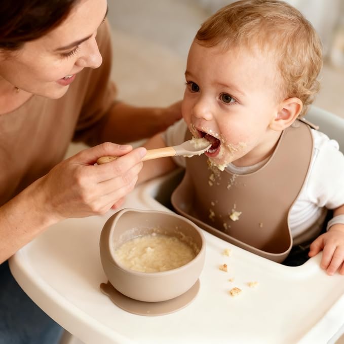 Ginbear Baby Bowls with Suction, Silicone Bibs, Self Feeding Spoons, Led Weaning Supplies, Toddler Eating Set for Ages 6 Months+ (Almond)