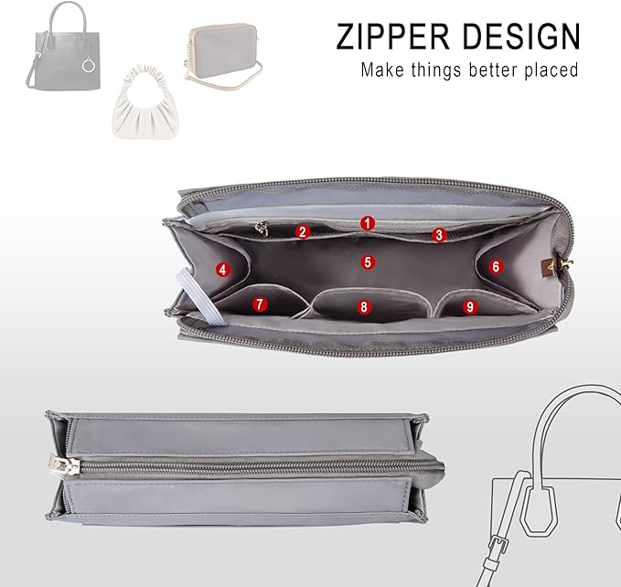 Vercord Purse Organizer Insert with Zipper for Women Hobo Handbags Shaper Insert 12 Pockets Bag Grey Medium