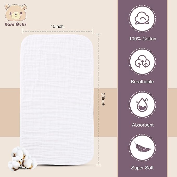Ease Cubs Muslin Burp Cloths Large 100% Cotton Hand Washcloths for Boys & Girls, Baby Essentials Extra Absorbent and Soft Burping Rags for Newborn Registry (White, 12-Pack, 20" X10")