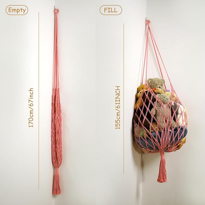 Stuffed Animal Storage Hammock Corner Hanging Net Stuffy Animal Hammock Macrame Toy Display Plush Toy Holder for Kid Bedroom Decor Boho Nursery Playroom Organizer (pink)