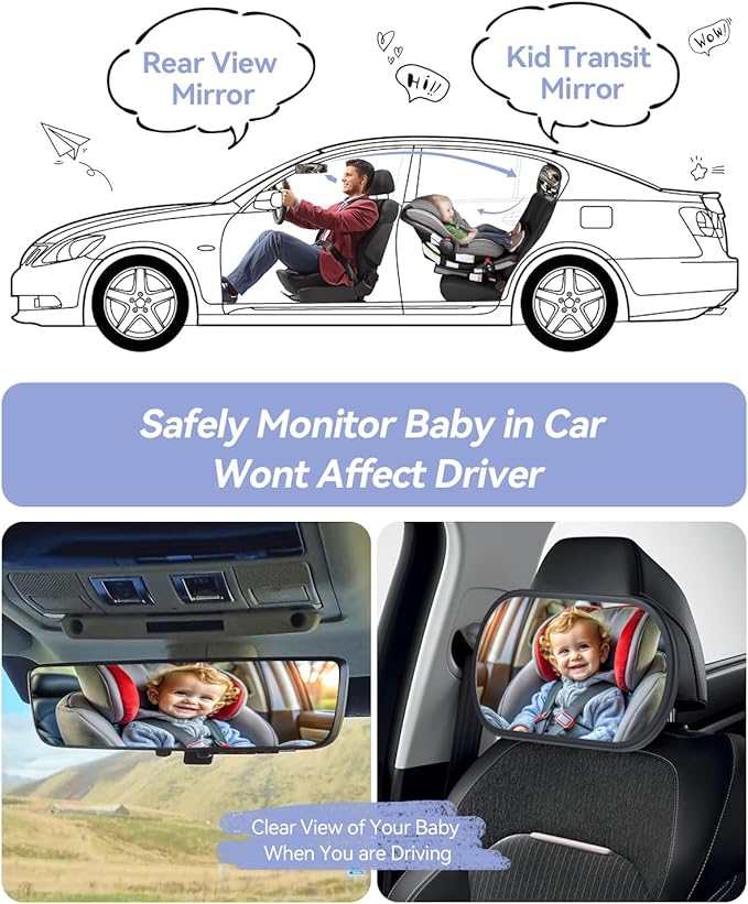 Baby Car Mirror for Backseat - Rear Facing Car Seat Mirror Safety for Infant Newborn - Easily Observe the Baby Move,Clear Wide View,360°Rotation, Secure, Shatterproof - Grey