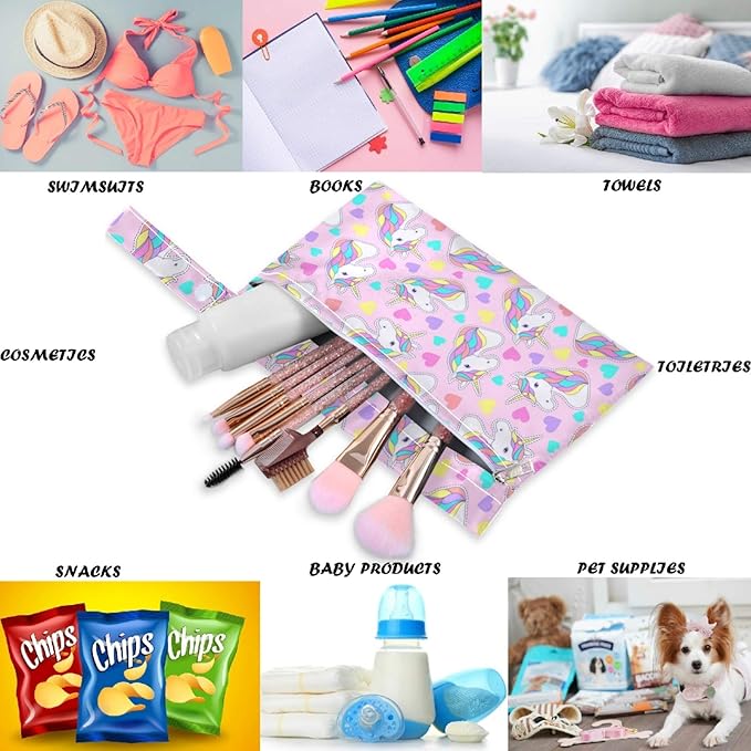 visesunny Cartoon Unicorn Colorful Heart 2Pcs Wet Bag with Zippered Pockets Washable Reusable Roomy for Travel,Beach,Pool,Daycare,Stroller,Diapers,Dirty Gym Clothes, Wet Swimsuits, Toiletries
