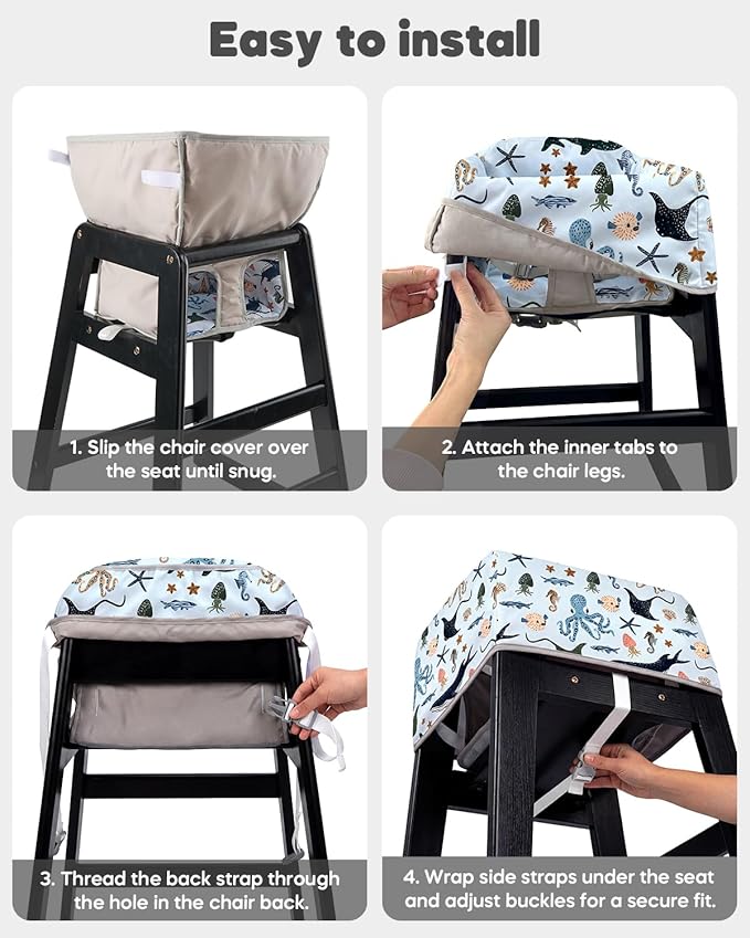 Mamatepe Baby High Chair Cover with Strap Pads & 2-Point Harness - Machine Washable, Waterproof, Portable for Restaurant/Travel/Home - Fits Wooden High Chairs, Blue Ocean