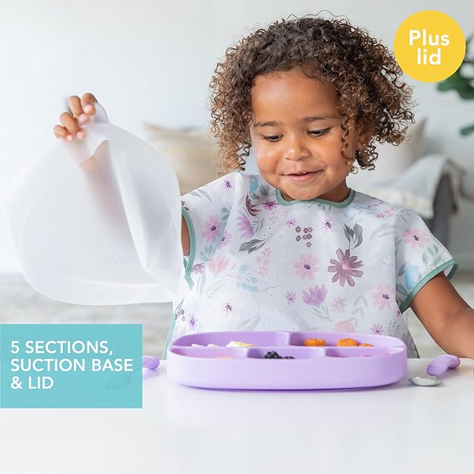 Bumkins Toddler and Baby Suction Plate, Silicone Divided Grip Dish and Lid, Large 5-Section Tray for Kids, Essentials in Children Feeding Supplies, Non Skid Stick Bottom, Ages 6 Months Up, Lavender