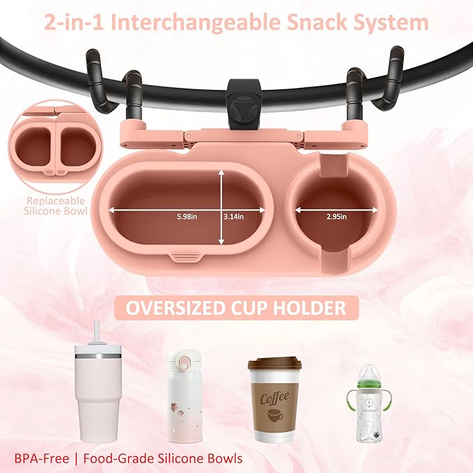 BANGIE Cute Pink Stroller Snack Tray for Girls - Compatible with Uppababy Vista V2, Nuna Mixx, Mockingbird - Aesthetic Attachment with Cup Holder & 3 Detachable Silicone Bowls