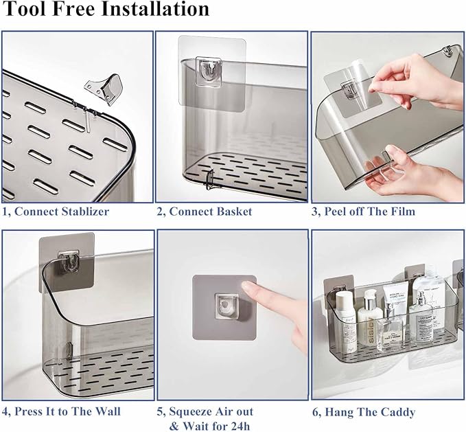 Bath Toy Storage Organizer, Adhesive Shower Caddy Shower Organizer, Bathtub Toy Holder, Large Capacity Wall Mounted Holder No Drill Shelves Rack, Clear Black