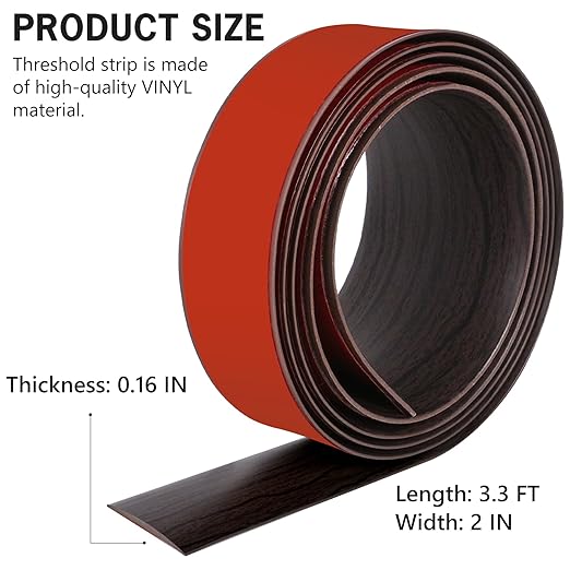 3.3Ft Floor Transition Strip Self Adhesive Vinyl Cover Floor Strip Flat Divider Transition Strip Wood Grain Design for Laminate Floor Gaps and Doorway Transitions (3.3Ft x 2 Inch, Brown)