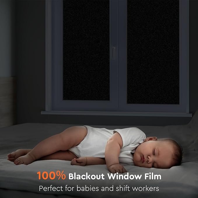 Kromapolis Blackout Window Privacy Film Total Light Blocking Room Darkening Window Covering, Removable Static Cling Frosted Glass Tint, Non-Adhesive, Black 17.5'' x 78.7''