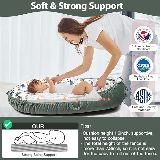 Baby Lounger-Breathable and Soft Organic 100% Cotton, Portable Infant Lounger with Removable Lounger Cover, Baby Nest Lounger for Newborn - Green Zoo