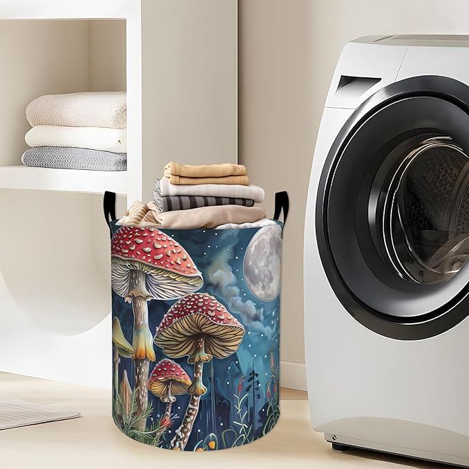Charming Mushrooms Under Full Moon Laundry Basket with Handles, 19.7"x15.7" Clothes Foldable Laundry Hamper Organizer for Dorm Nursery Bedroom Bathroom Decor, Toy Storage Bin for Kids