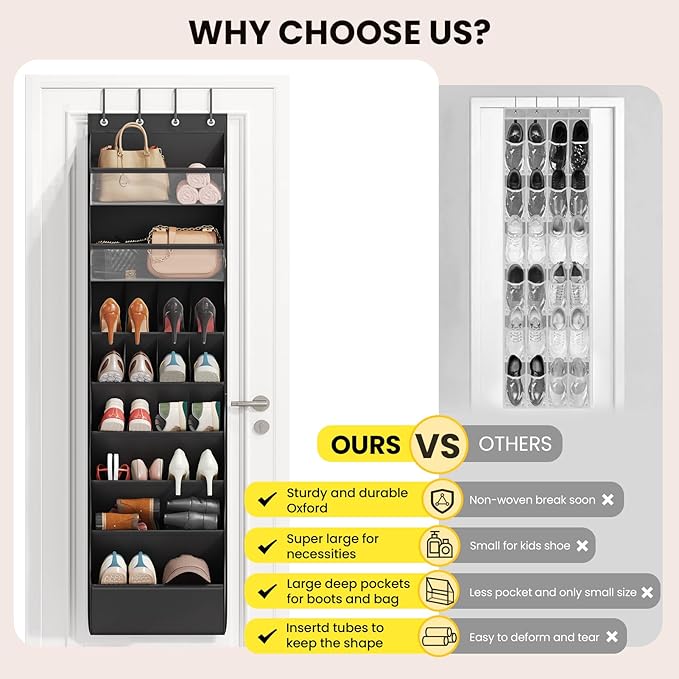 Mefirt 8 Tier Clear Over the Door Shoe Organizer with Deep Pockets, Door Shoes Rack with hard Cardboard and Tubes to Keep the Shape, Hanging Shoe Rack for Closet Organizers, Shoe Holder Black