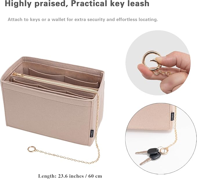 Purse Organizer Insert, Handbag Organizer with Zipper, Tote Shaper with Cup Holder & Keychain, Compatible with LV, Neverfull, MK, COACH, Longchamp, Kate Spade – Beige-XL