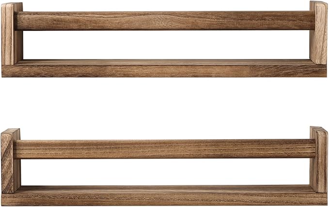 Nursery Book Shelves, Set of 2 Wood Floating Book Shelves for Kids Room, Kitchen Spice Rack, or Rustic Wall Mounted Shelves for Farmhouse Bathroom Décor (carbonized)