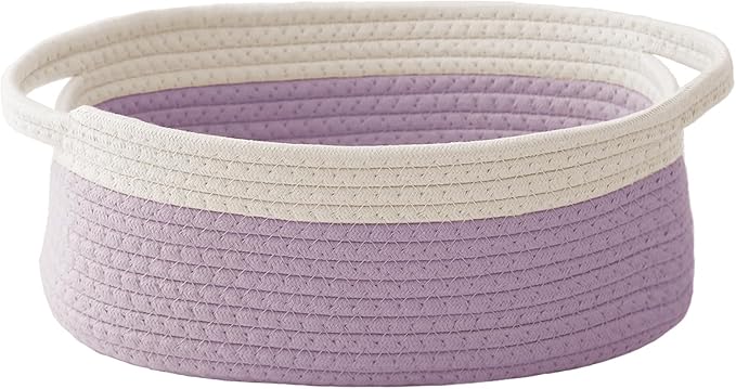 JMvicyroam Woven Basket,Small Rope Storage Bin with Handles & Ribbon Bag, Organizer for Shelves Closets,Gift Basket Empty for Birthday,Books,Dog Toys, White&Purple