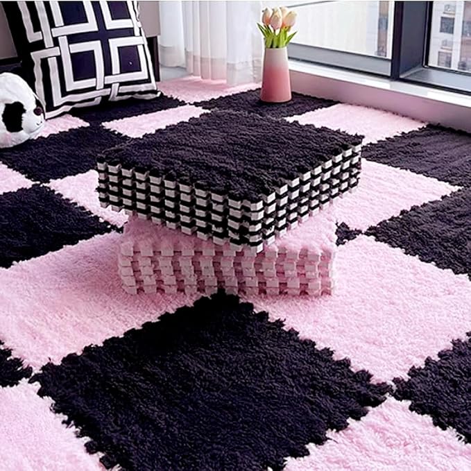 12pcs Carpet Squares Puzzle Floor Mat, Plush Interlocking Carpet Tiles, Anti Slip EVA Foam Jigsaw Floor Tiles, Build A Safe Area for Bedroom Playroom (Pink+Black)