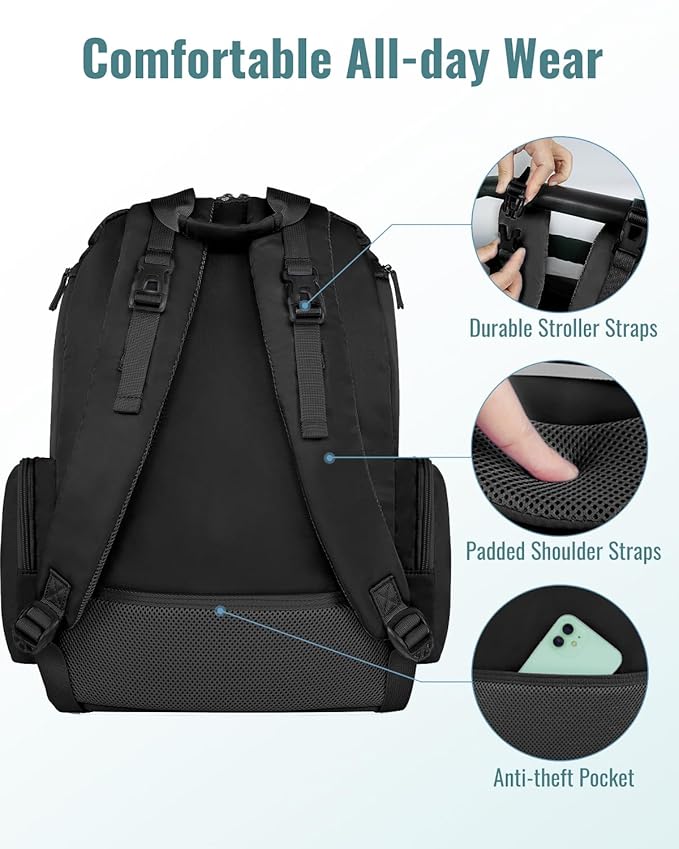Mancro Diaper Bag Backpack, Extra Large Capacity Baby Diaper Backpack with 2 Insulated Pockets and Stroller Strap, Water Resistant Mens Diaper Bag for Travel，Black