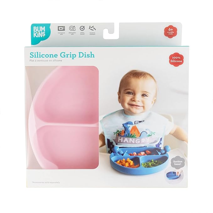 Bumkins Toddler and Baby Suction Plate, Divided Grip Dish for Babies and Kids, Baby Led Weaning, Feeding Supplies, Sticks to Tables and Highchairs, Platinum Silicone, for Chidren 6 Months, Pink
