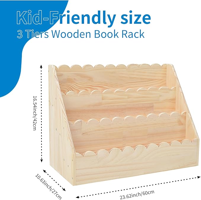 OCMML Kids Bookshelf-3-Tier Wooden Book Shelf for Kids Rooms,Nursery&Toddlers Montessori Bookcase with Deep Storage Pockets, Baby Book Storage,Children's Bookshelf for Nursery&Bedroom (Large)