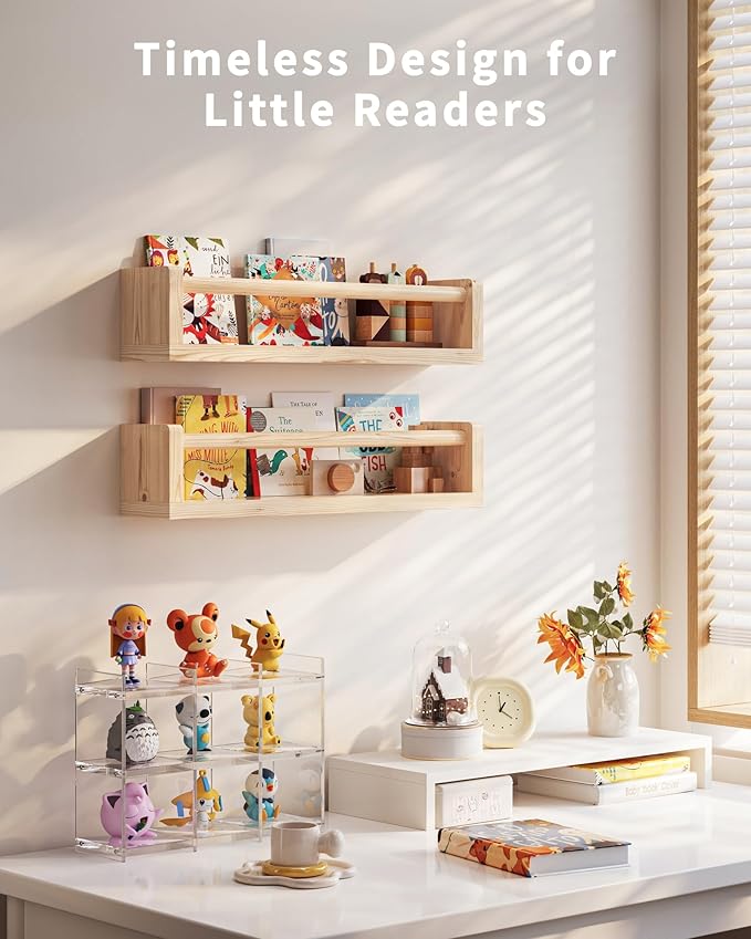 Nursery Book Shelves, 4 Pack, Wall Book Shelves for Kids Room, Baby, Toddler, Nursery Decor (Wood, 16.5 Inches)