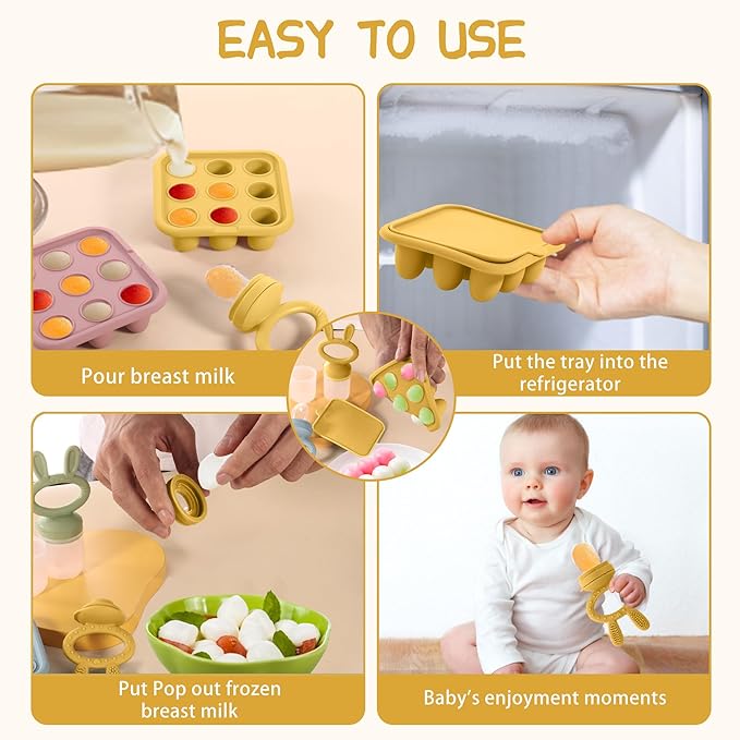 Baby Breastmilk Popsicle Molds & Baby Fruit Feeder (2 Pack), Baby Food Freezer Tray Storage Containers, Silicone Teething Pacifier Feeder and Teether for Babies,Baby Feeder - Yellow