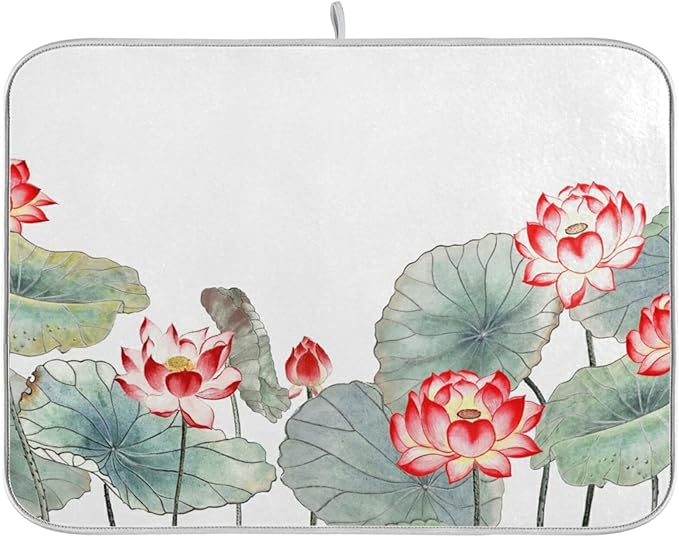 Absorbent Dish Drying Mat for Kitchen Counter - Watercolor Lotus Microfiber Drying Pad, Reversible Drainer Mats for Countertop, Large 18" x 24"